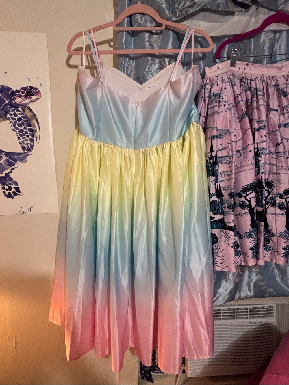 Boulevard Nights Pastel Ombre Satin Midi Dress — Pink, Blue & Yellow rainbow. - Picture 3 of 7